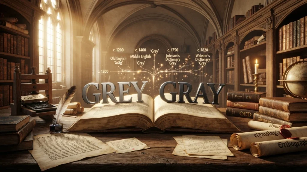 Historical timeline illustrating the evolution of the spellings grey and gray.