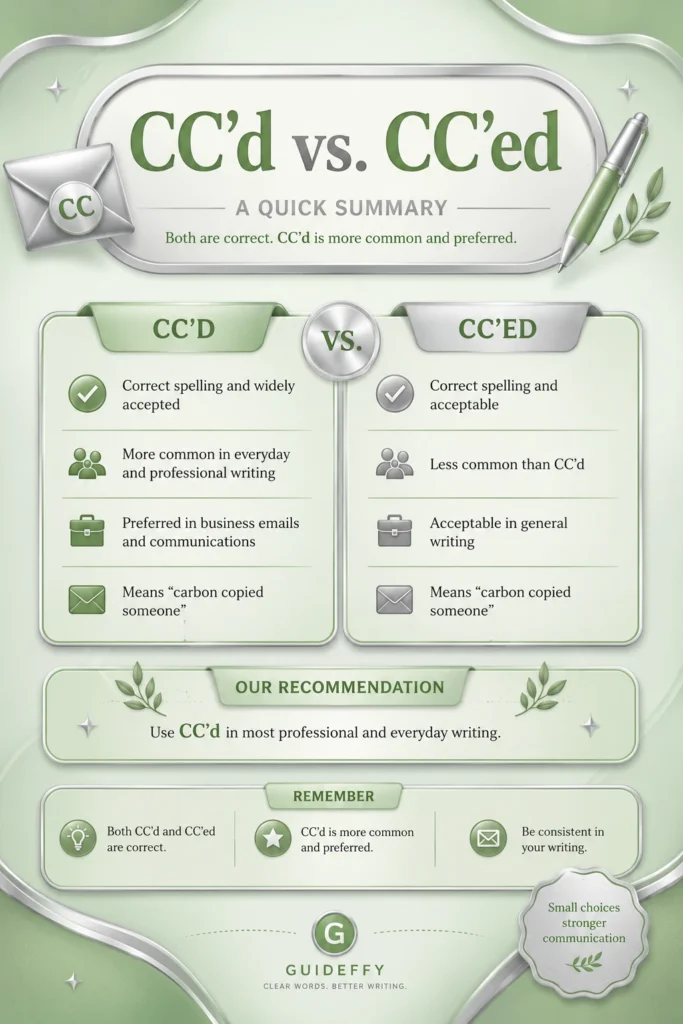 Educational infographic comparing CC'd and CC'ed in email communication with grammar tips and examples.