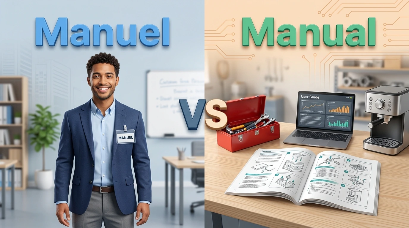 Manuel vs Manual showing a person named Manuel and an instruction manual.