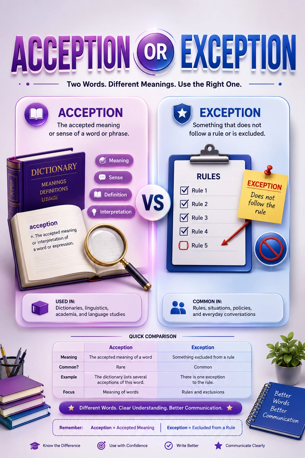Ultra-realistic 3D comparison of Acception vs Exception showing the difference between the accepted meaning of a word and an exception to a rule for English learners.