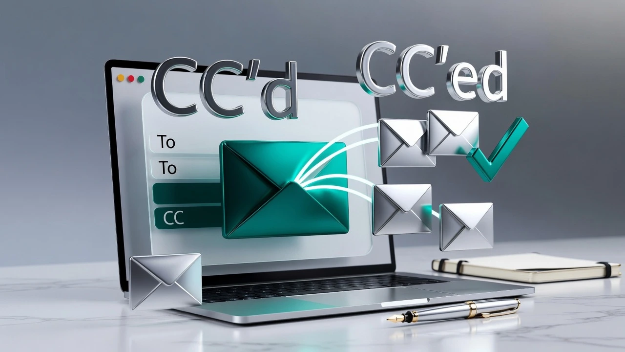 Ultra-realistic 3D image showing CC'd and CC'ed as the past tense forms of CC in email writing.