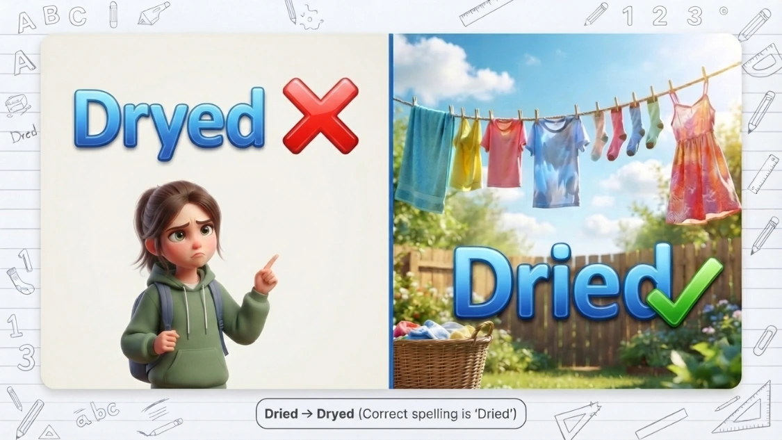 Educational illustration comparing the incorrect spelling "dryed" with the correct spelling "dried" and showing the grammar rule for verbs ending in consonant plus y.