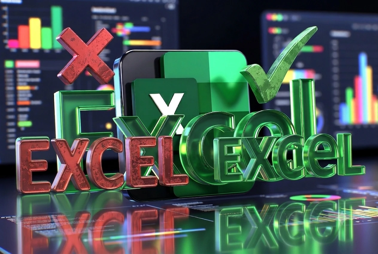 3D illustration showing Excel as the correct spelling and Excell as the incorrect spelling.