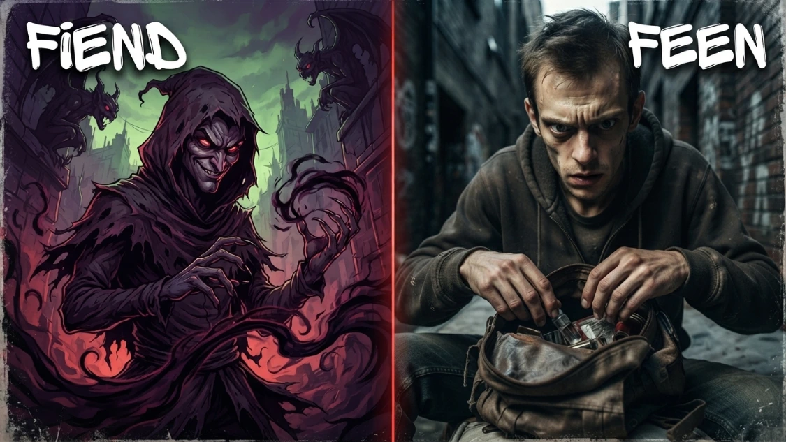 3D illustration comparing "Fiend" and "Feen," showing that "Fiend" is the correct English spelling while "Feen" is not.