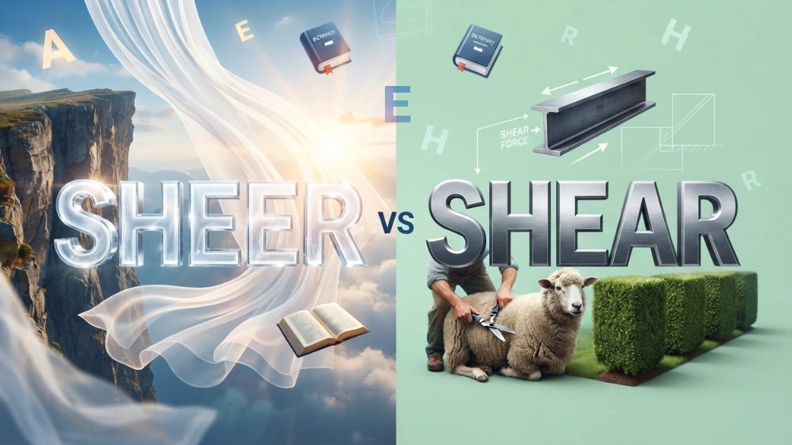 Ultra-realistic 3D comparison of the words "Sheer" and "Shear" showing their different meanings with transparent fabric, a cliff, garden shears, and a sheep.