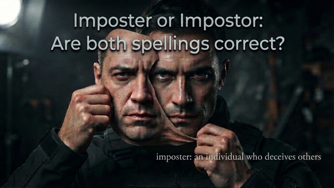 3D illustration comparing the correct spellings "impostor" and "imposter" with a balance scale showing both are accepted.