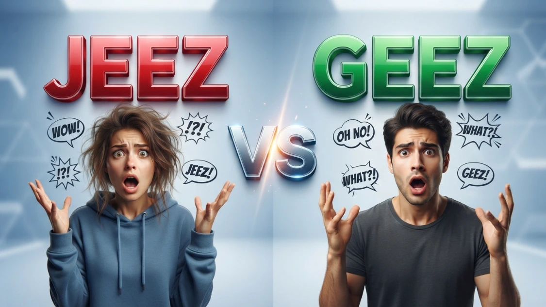 3D comparison of "Jeez" and "Geez" with surprised expressions.