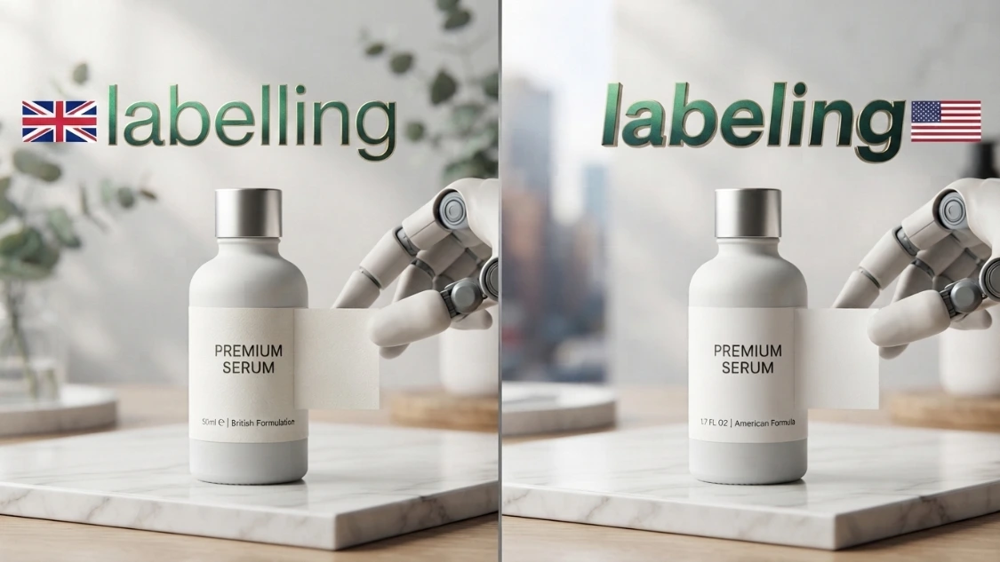 3D illustration comparing the American English spelling "Labeling" and the British English spelling "Labelling," showing that both are correct.