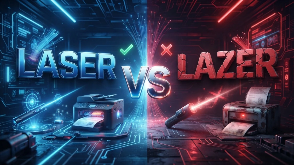 3D comparison of Laser vs Lazer showing the correct spelling.