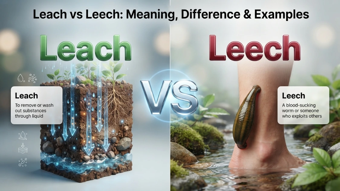 Ultra-realistic 3D comparison of leach (washing out substances) vs leech (blood-sucking worm) with a central VS.