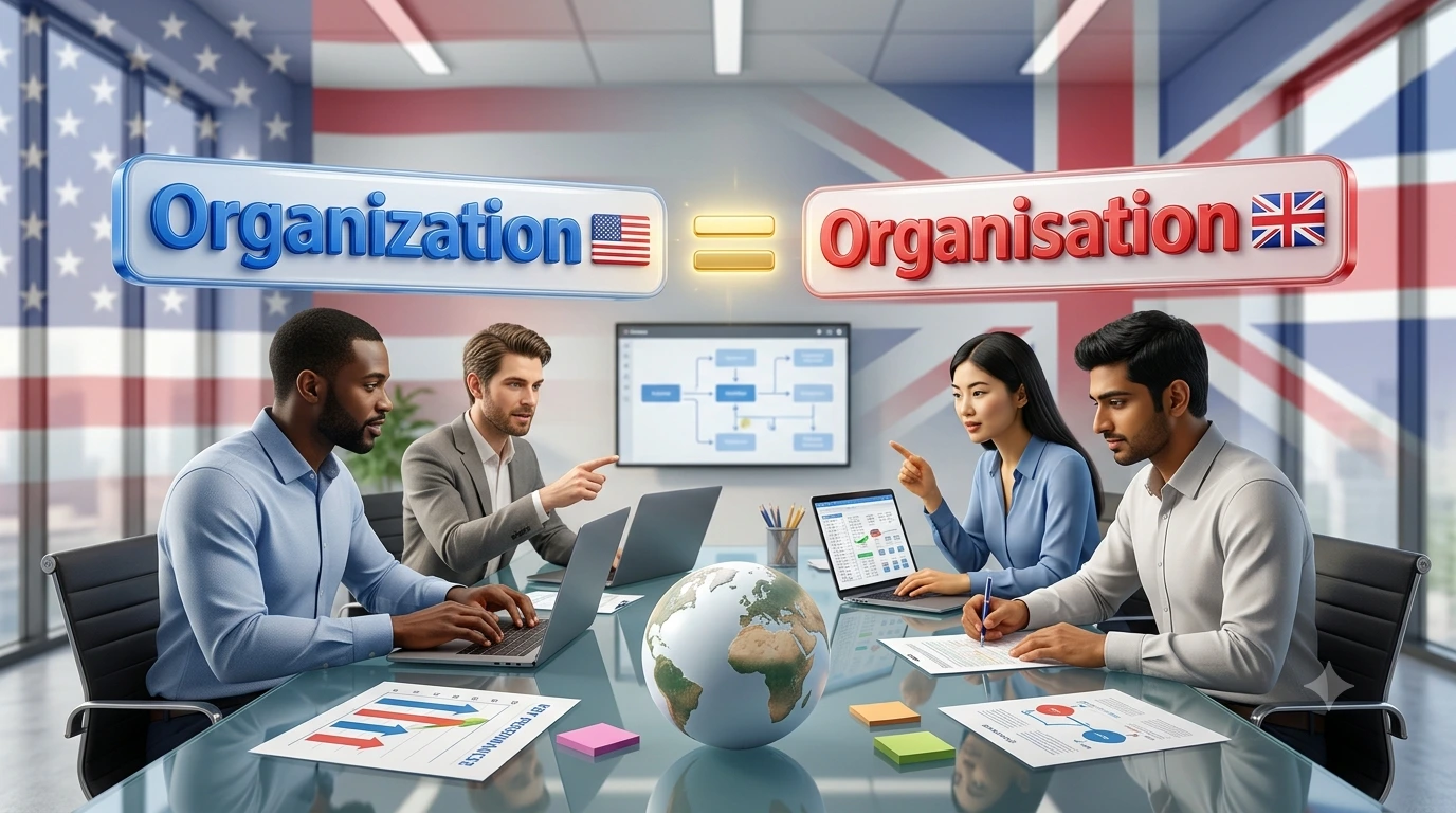 Ultra-realistic 3D illustration comparing "Organization" and "Organisation," showing a professional team collaborating in a modern office with American and British spelling highlighted to explain the regional difference.