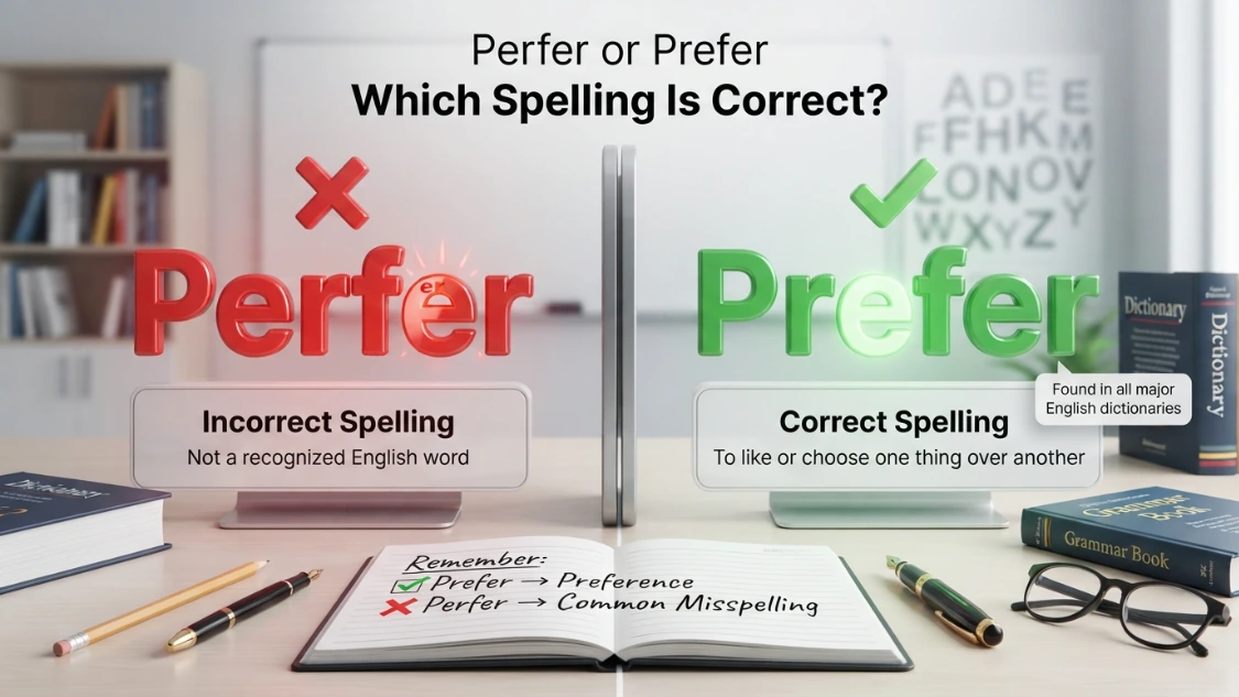 Ultra-realistic 3D comparison showing "Perfer" (incorrect) and "Prefer" (correct) with clear spelling differences.