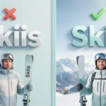 Skiis vs Skis spelling comparison with skier and snowy mountain scene