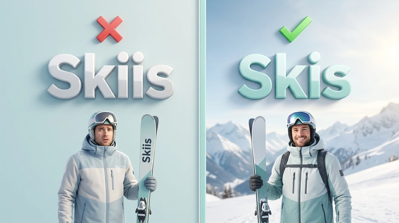Skiis vs Skis spelling comparison with skier and snowy mountain scene