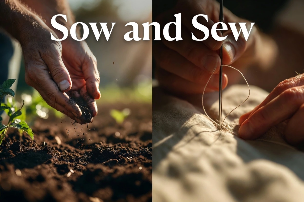 Split illustration showing a farmer sowing seeds and a tailor sewing fabric to explain the difference between sow and sew