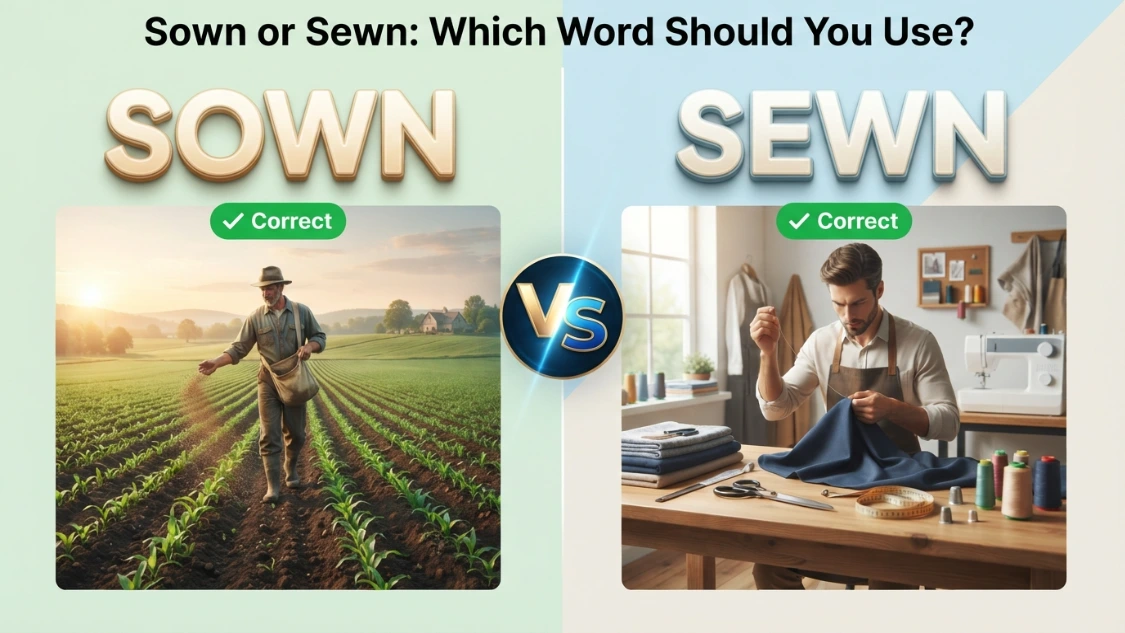 Sown vs Sewn comparison showing planting seeds and sewing fabric