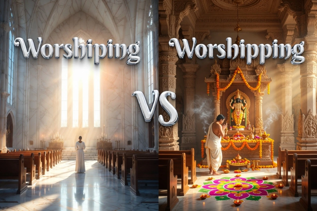 Ultra-realistic 3D illustration comparing worshiping and worshipping, showing people praying in church to explain the American and British English spelling difference.
