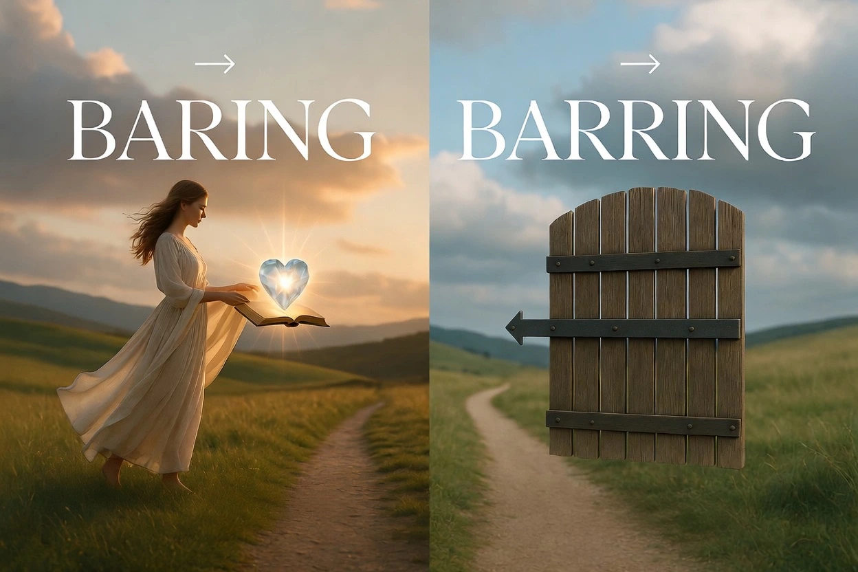 Illustration comparing "Baring" and "Barring" with definitions, meanings, and example sentences to explain the difference between these commonly confused words