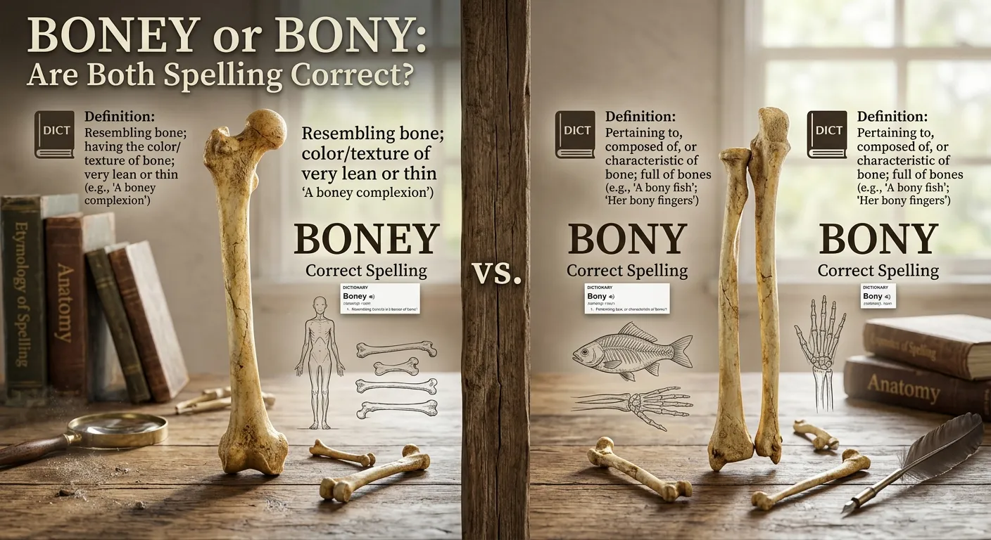 Boney or Bony spelling comparison showing both correct spellings and their meanings