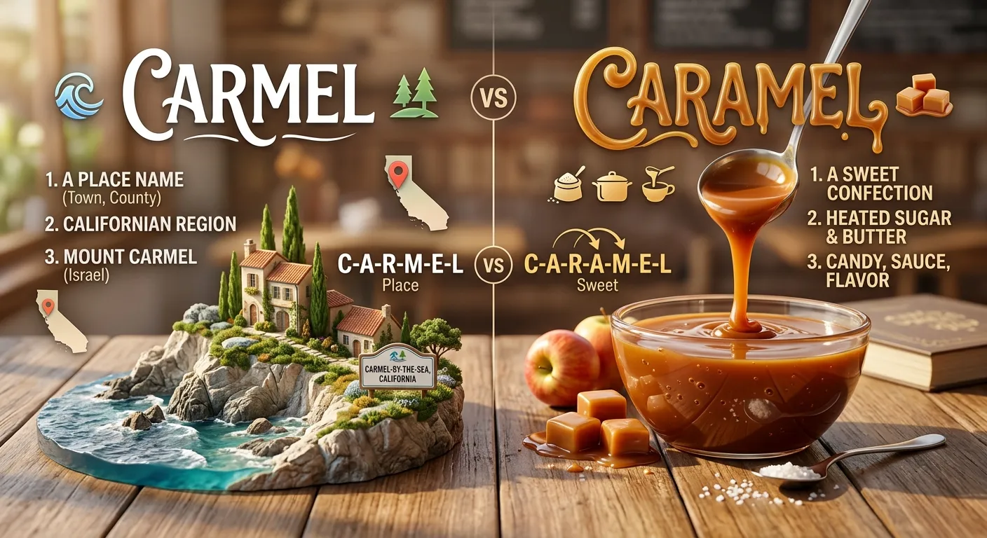 Carmel or caramel spelling comparison showing the difference between the two words