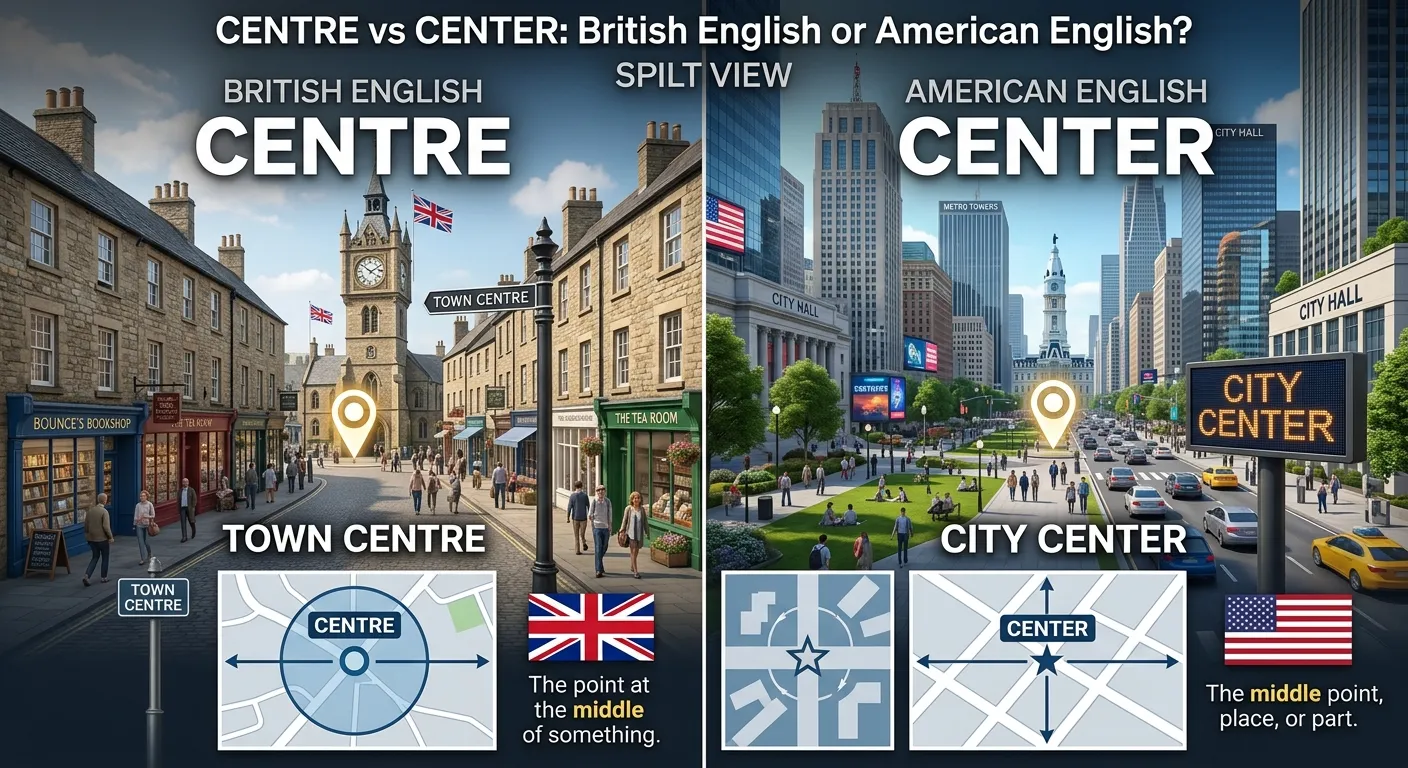 Centre vs Center showing British vs American English comparison