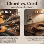 Illustration comparing the words "chord" and "cord," showing a musical chord with notes and a rope-like cord to explain the difference between these commonly confused homophones.