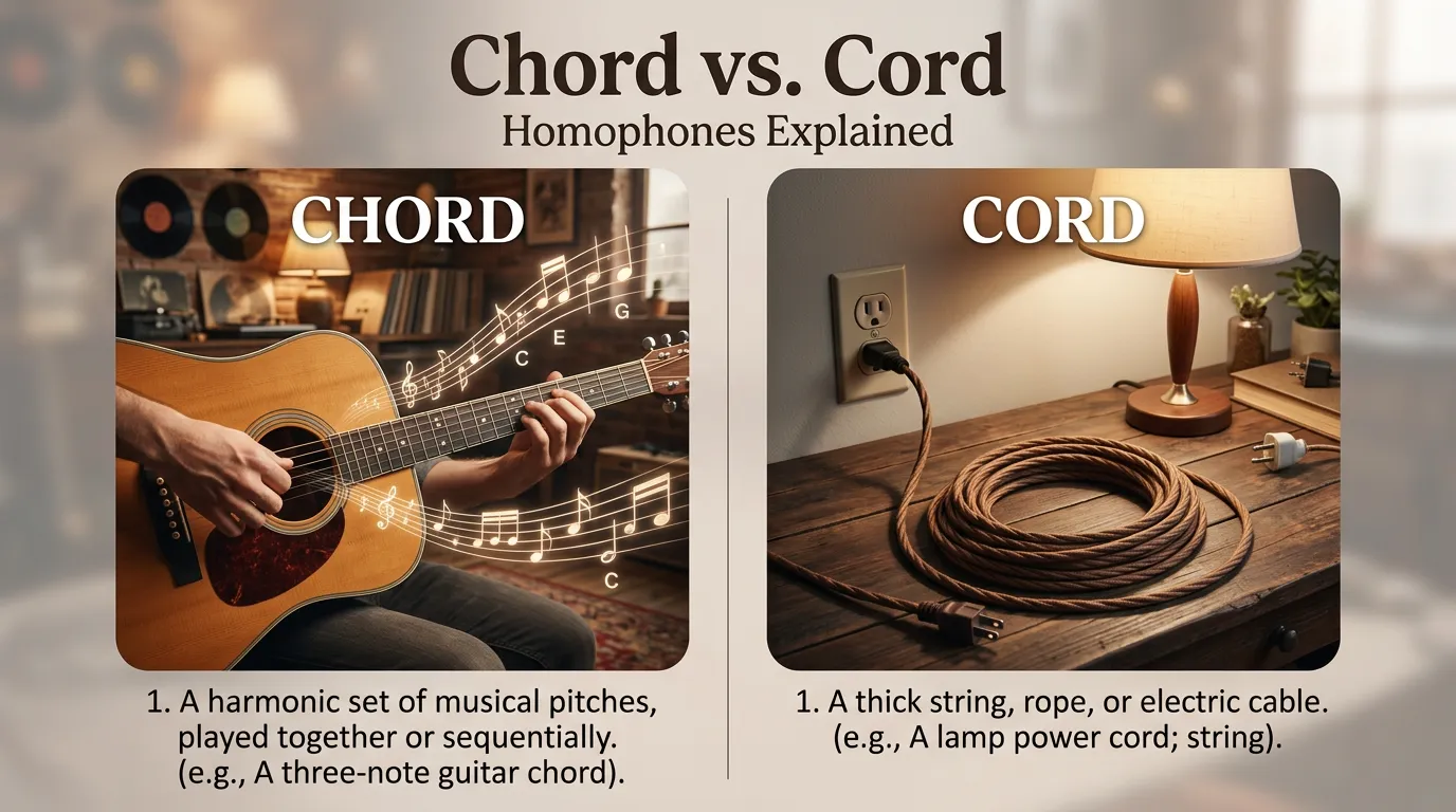Illustration comparing the words "chord" and "cord," showing a musical chord with notes and a rope-like cord to explain the difference between these commonly confused homophones.