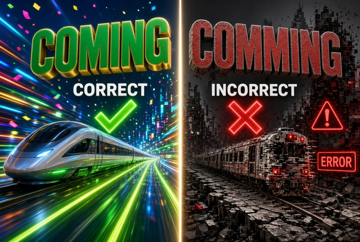 Comming or coming spelling comparison showing coming as the correct spelling
