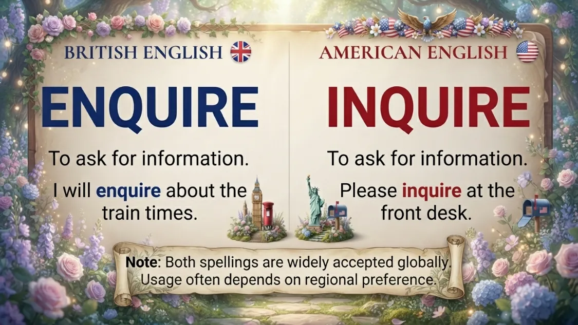 Enquire vs inquire spelling comparison showing British and American English