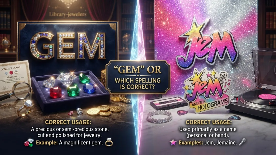 Gem or Jem spelling comparison showing the correct spelling of gem