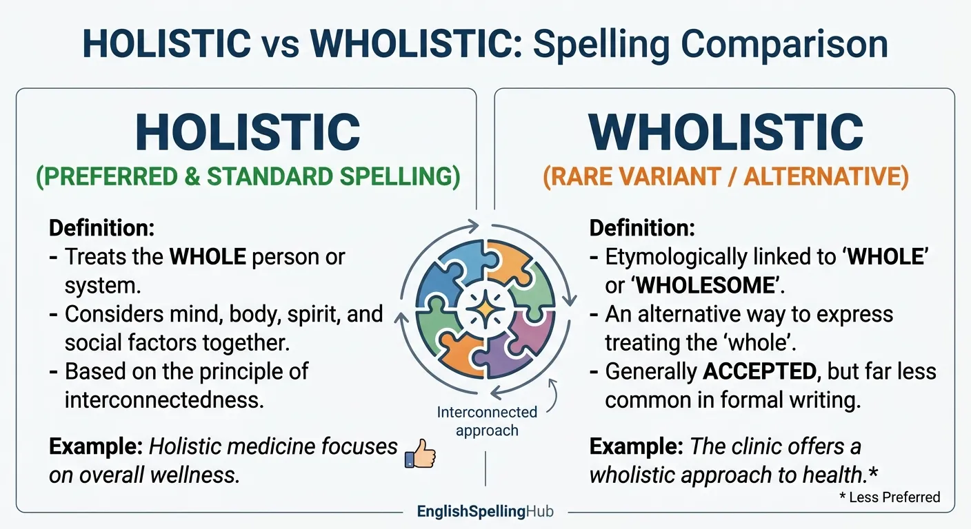 Holistic vs wholistic spelling comparison showing the preferred spelling holistic