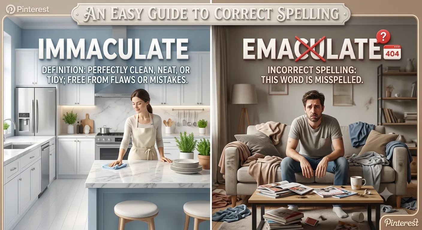 llustration comparing the words "immaculate" and "emaculate," highlighting that "immaculate" is the correct spelling and "emaculate" is a common misspelling, with a clean, spotless object representing the meaning of immaculate.