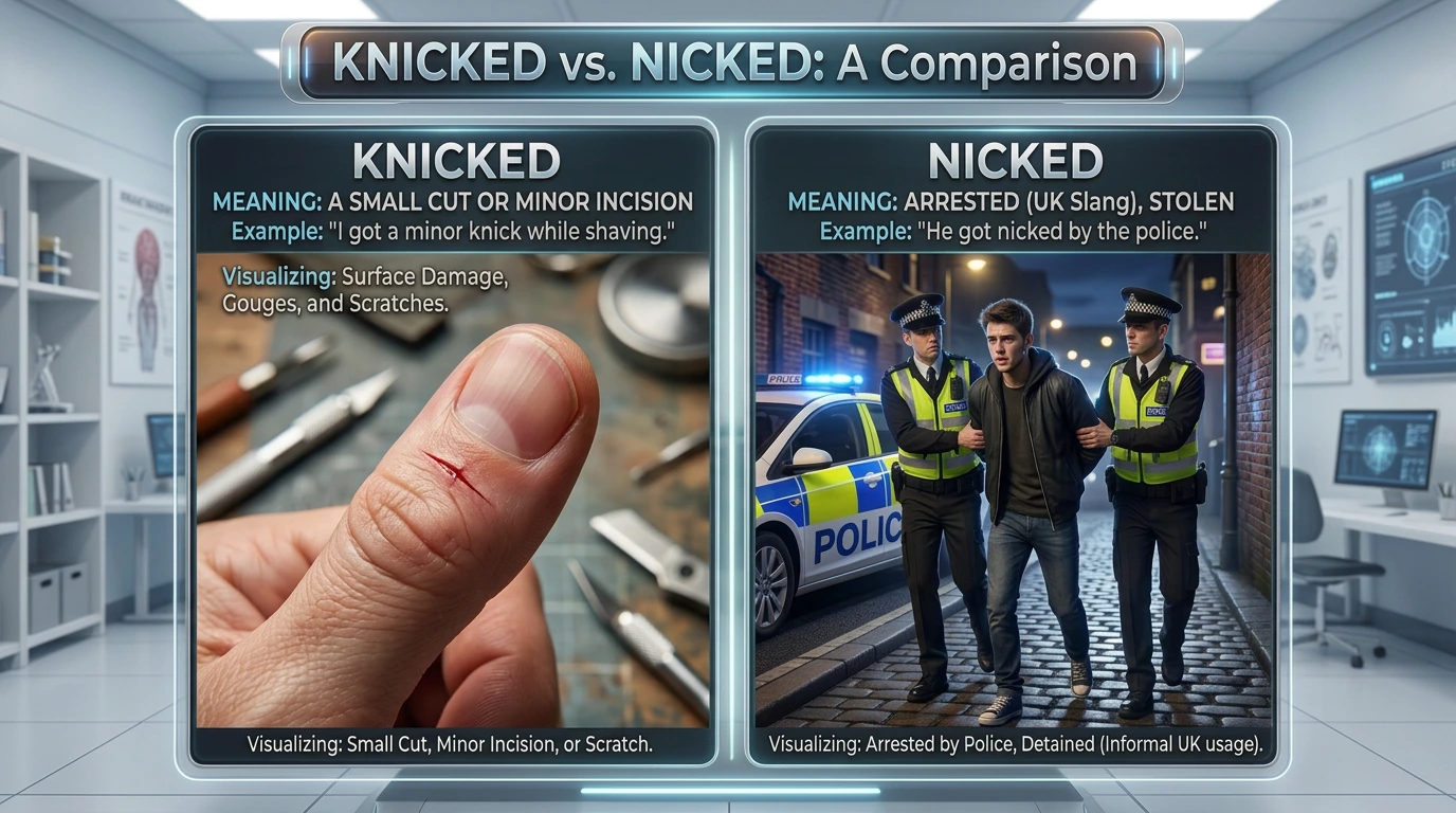 Knicked vs Nicked spelling comparison showing that "nicked" is the standard modern spelling and "knicked" is a rare historical variant.