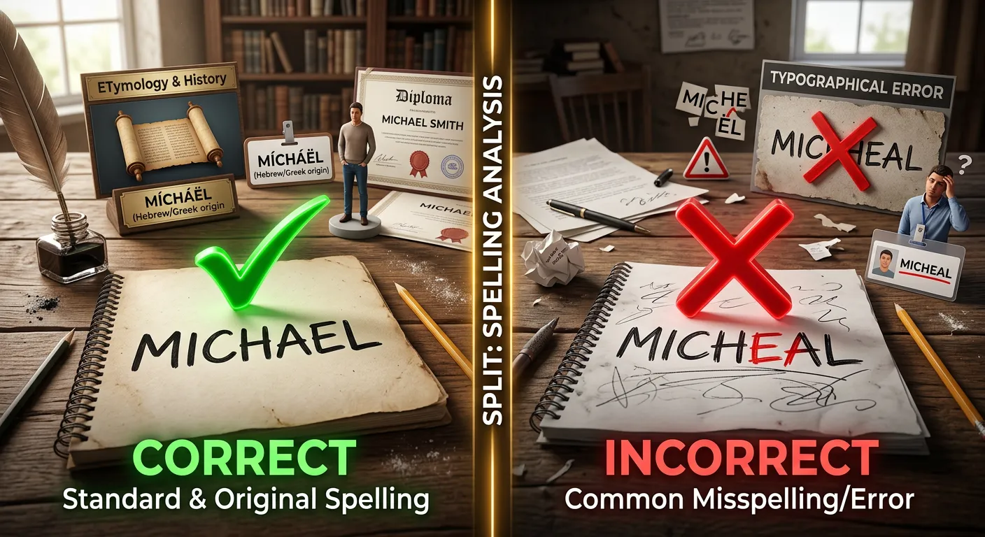 Micheal or Michael spelling comparison showing Michael as the correct spelling and Micheal as the common misspelling.