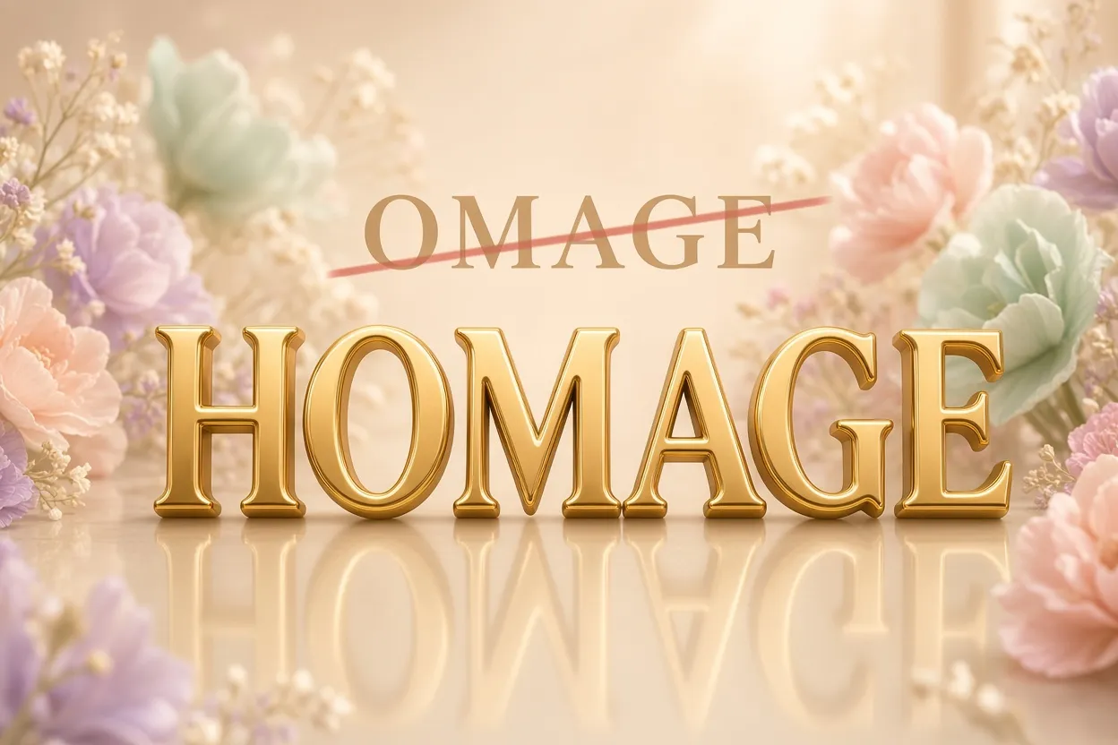 Omage or Homage spelling comparison showing the correct spelling Homage and its meaning of respect and admiration