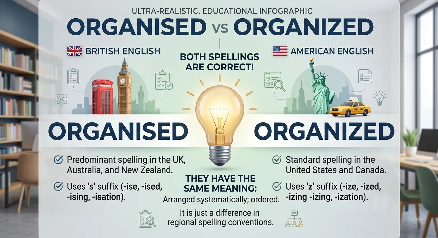 Organised vs organized spelling comparison showing British and American English forms