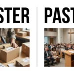 Paster vs Pastor spelling comparison showing a person applying paste and a Christian pastor leading a congregation.