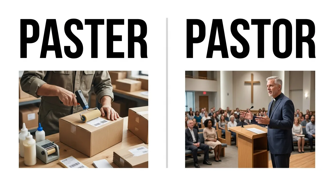 Paster vs Pastor spelling comparison showing a person applying paste and a Christian pastor leading a congregation.