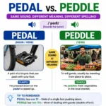 Pedal or peddle homophones comparison showing bicycle pedal and selling goods