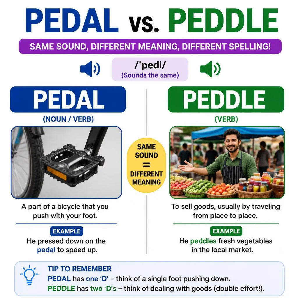 Pedal or peddle homophones comparison showing bicycle pedal and selling goods