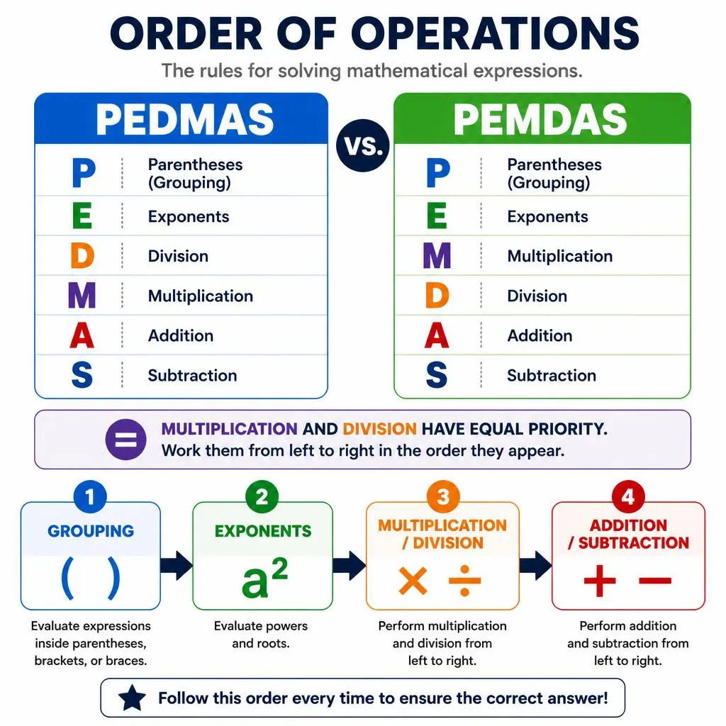 PEDMAS vs PEMDAS order of operations comparison showing both mathematical acronyms