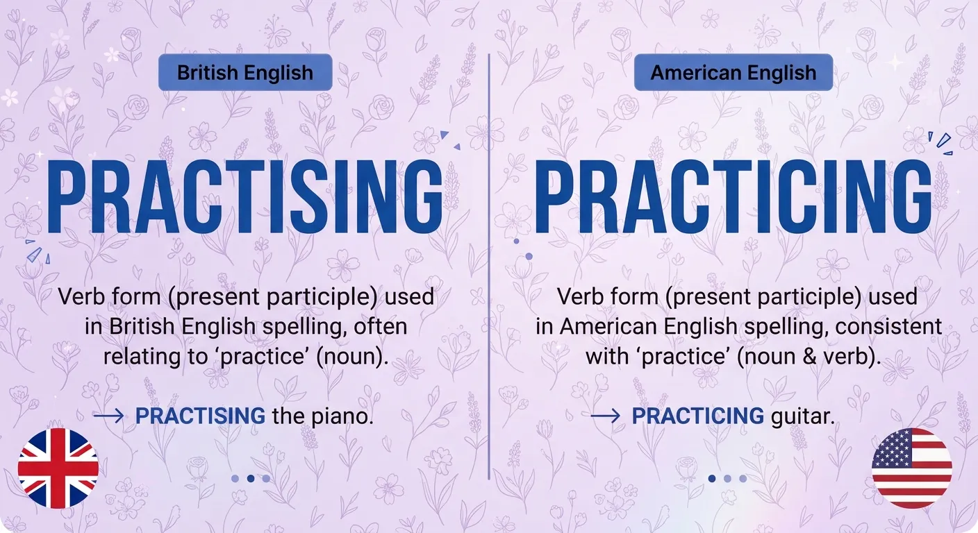 Practising vs practicing showing British and American English spelling