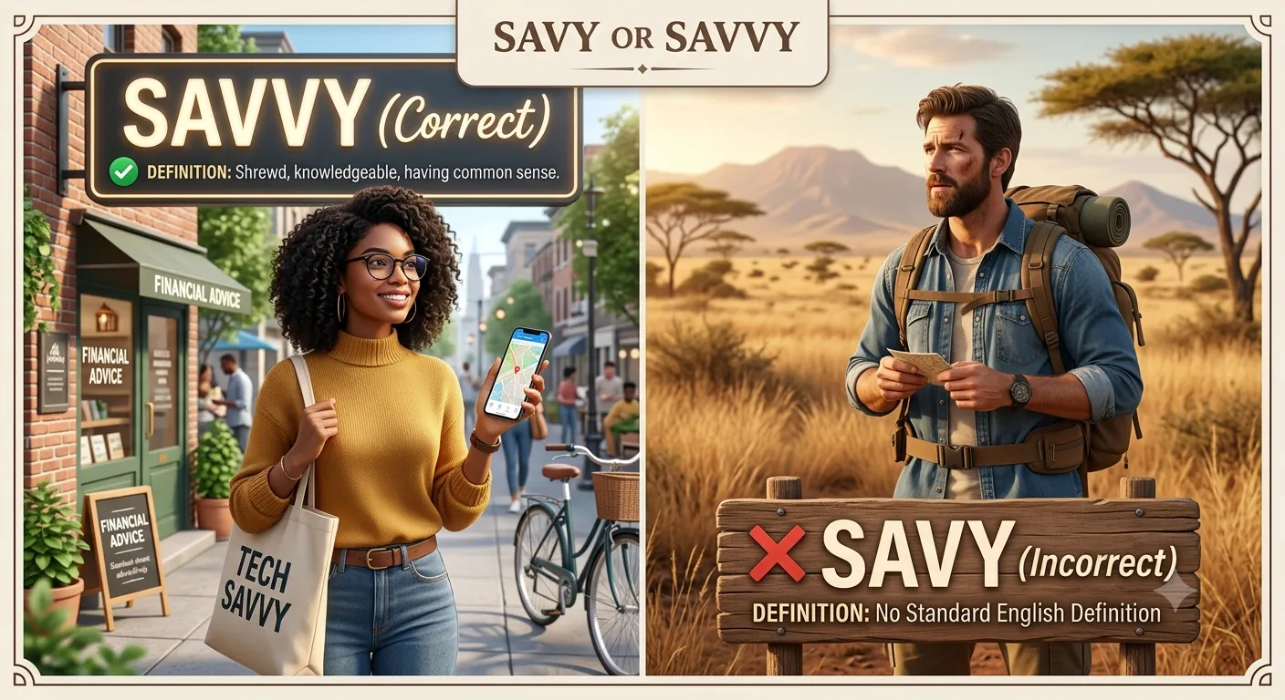 Savy or Savvy spelling comparison showing Savvy as the correct spelling and Savy as incorrect.
