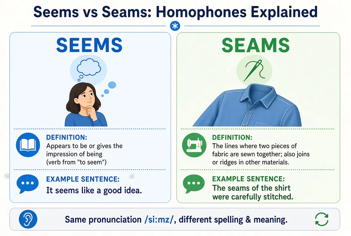 Seems vs Seams: homophones explained with meanings and examples