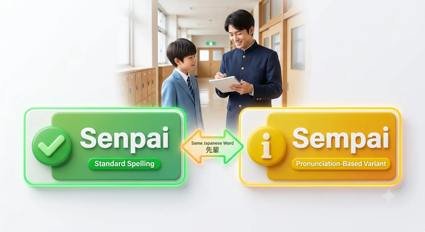 "Senpai vs Sempai comparison showing the standard spelling and pronunciation-based variant of the Japanese word for a senior or mentor."