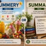 Summery or Summary spelling comparison showing summery as relating to summer and summary as a brief overview of key points