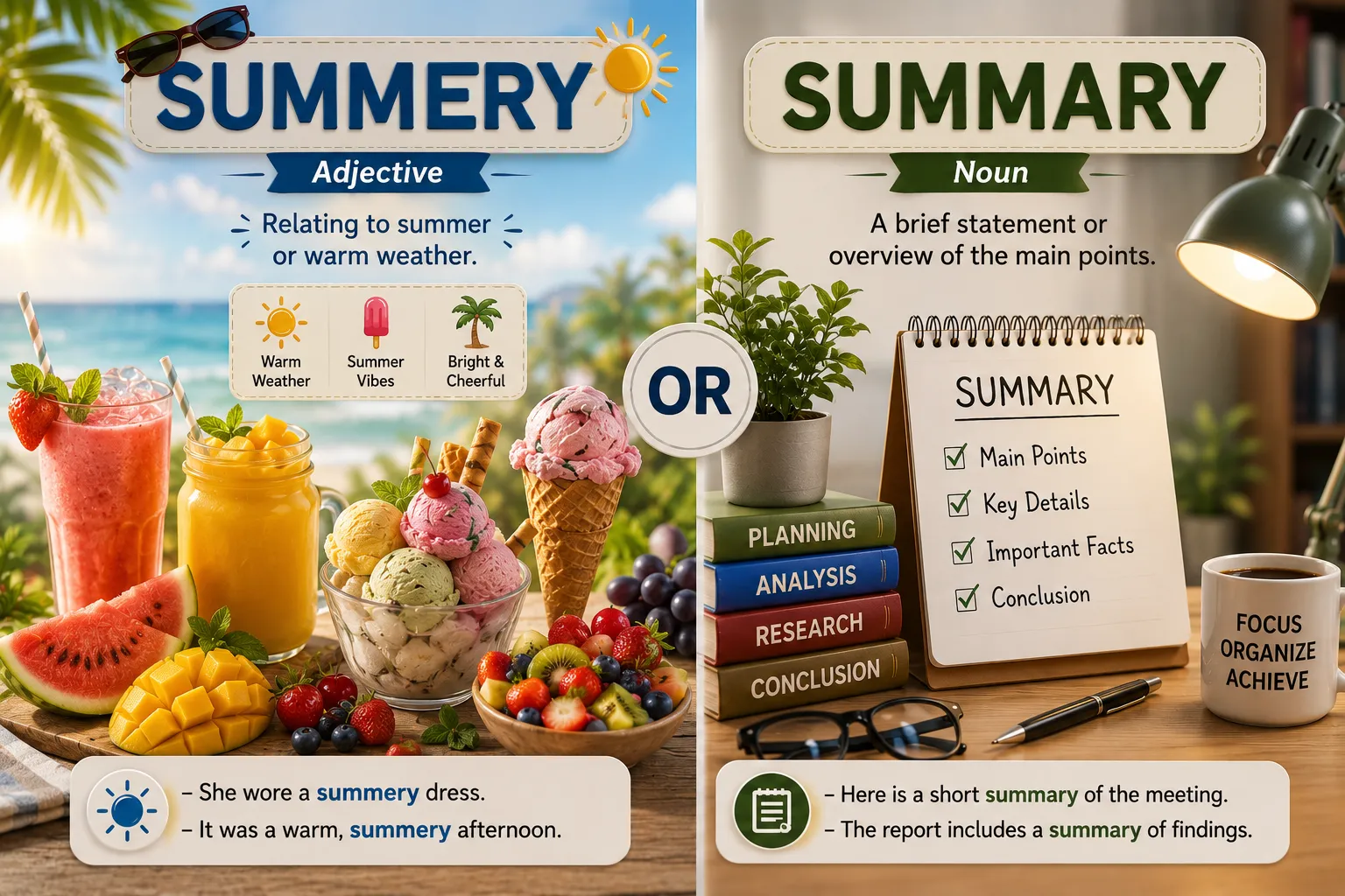 Summery or Summary spelling comparison showing summery as relating to summer and summary as a brief overview of key points