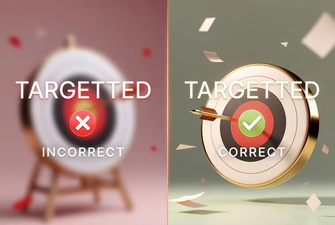Targeted vs Taregetted comparison showing that targeted is the correct spelling meaning directed toward a specific goal, while taregetted is a common misspelling.