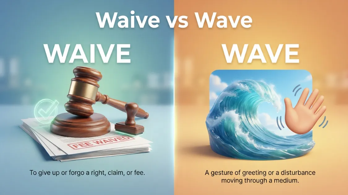 Waive vs Wave homophones showing the difference in meaning and spelling