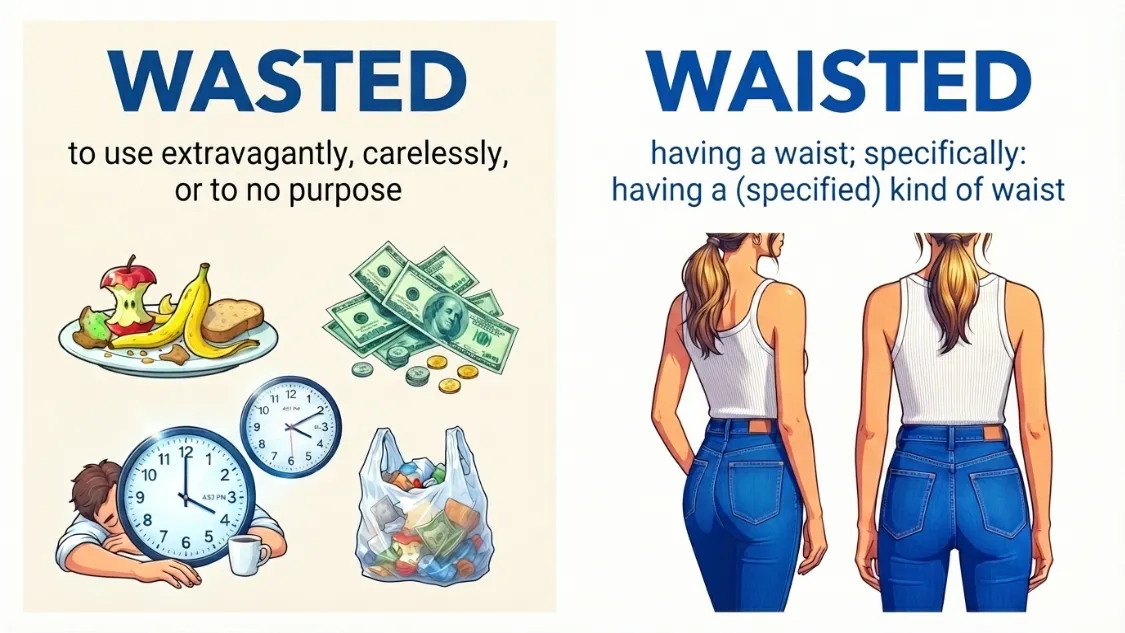 Wasted vs Waisted spelling comparison showing waste and waist meanings